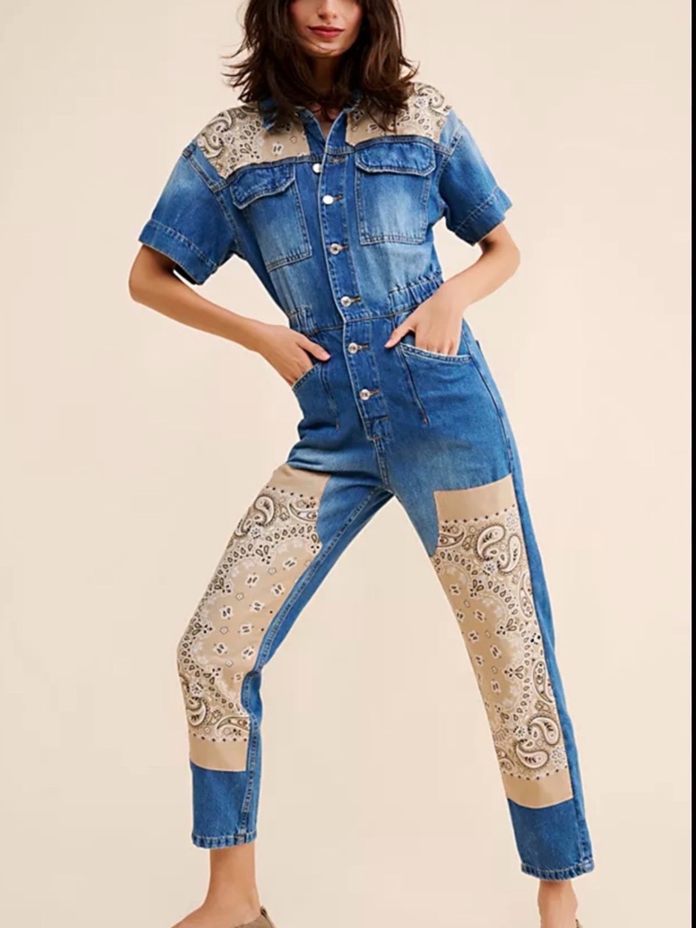 Tricia fix Denim Bandana Patch Jumpsuit sold out! $250 retail